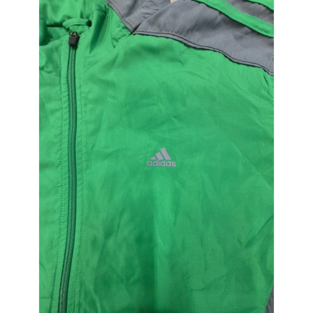 Adidas Windbreaker Jacket Full Zip Green‎ Gray Striped Lightweight Sportswear